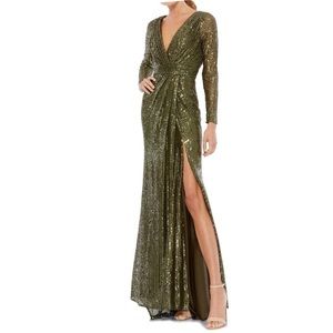 Long Sleeve Sequin Faux Wrap Gown